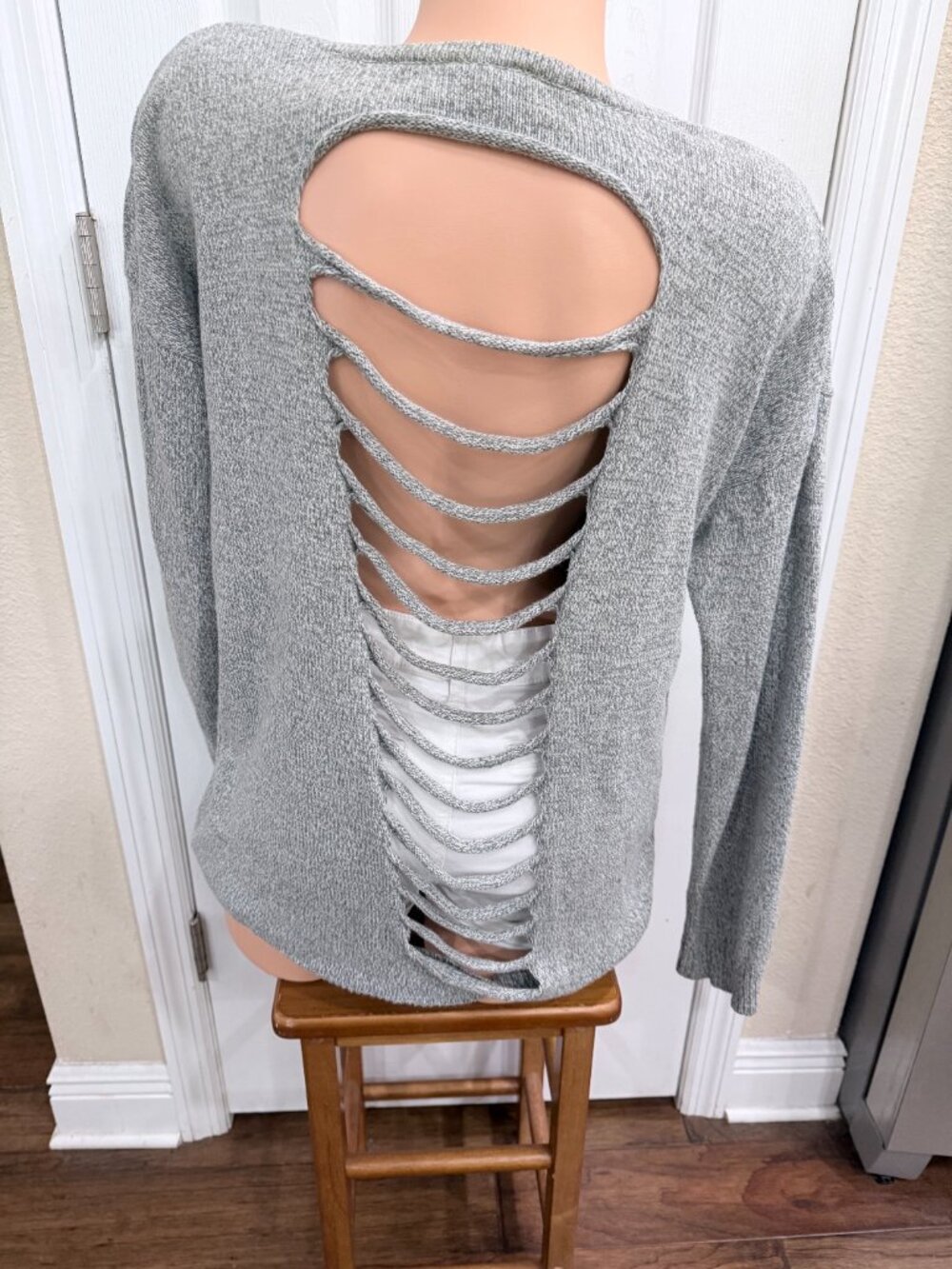 Express Medium Gray Marled Open Back Ladder Strap V Neck Sweater